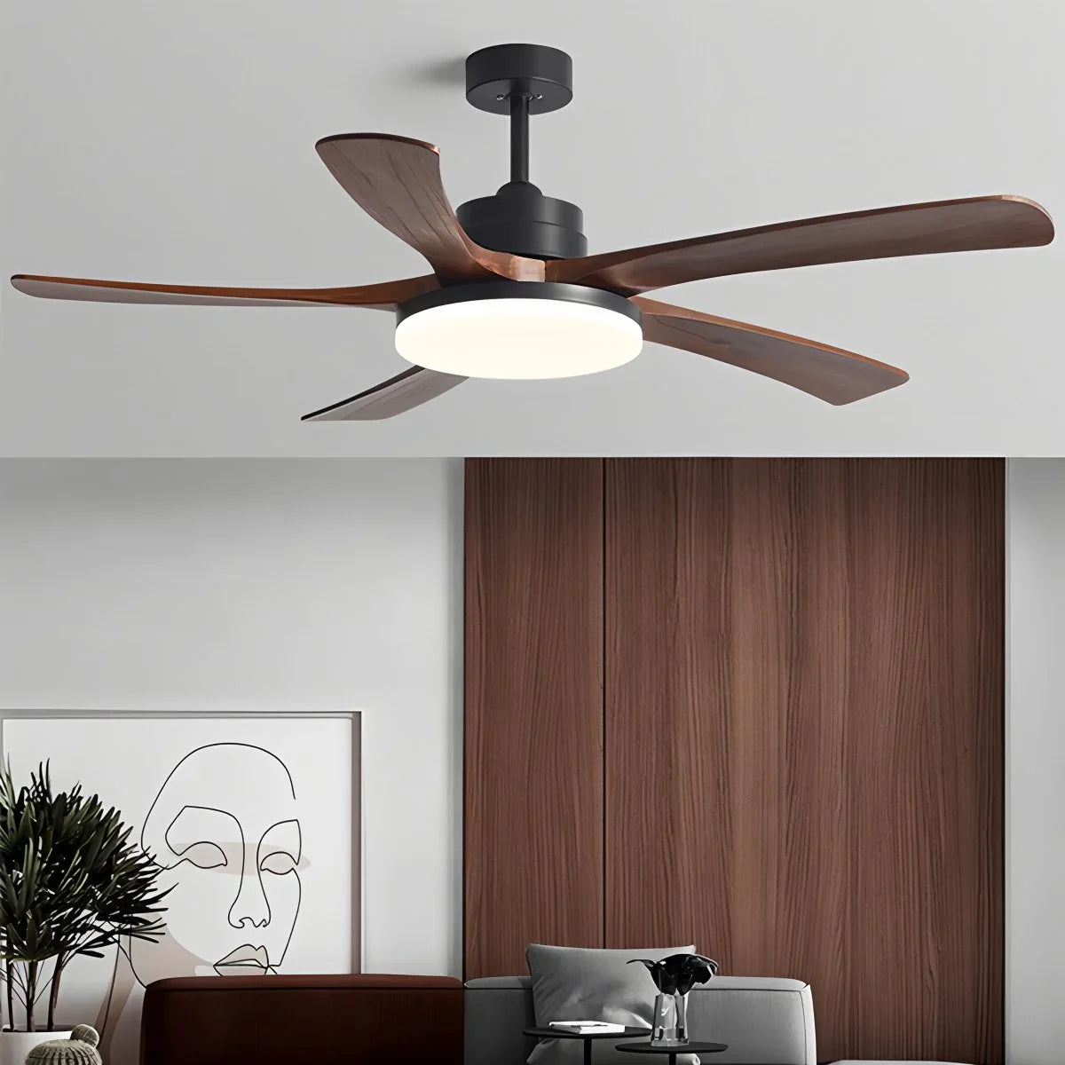 Deckenventilatorleuchte aus Holz für starke Winde