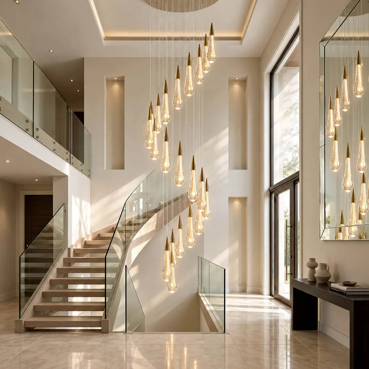 Gold Crystal Droplet Staircase Chandelier