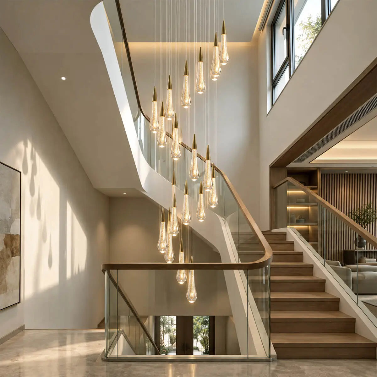 Gold Crystal Droplet Staircase Chandelier