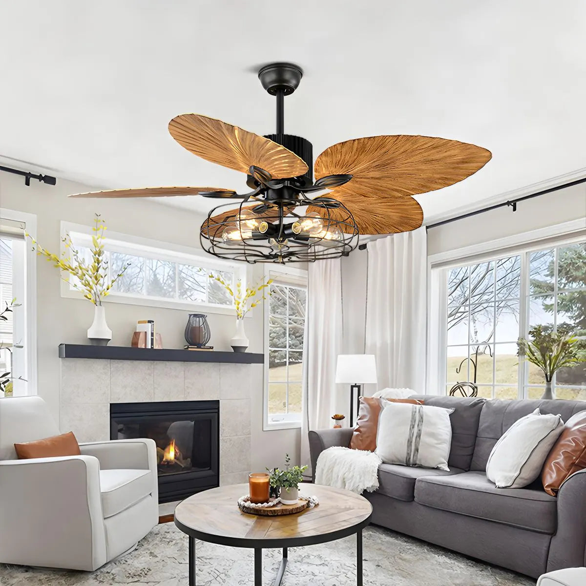 Industrielle tropische Palmenblätter Deckenventilatorleuchte