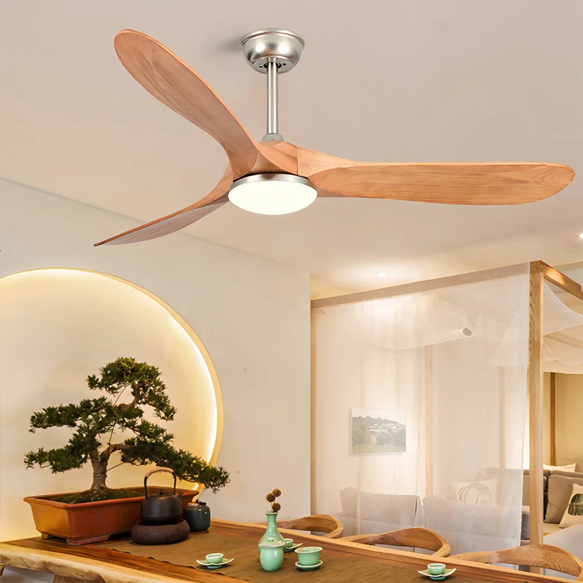 Nordischer Holzdeckenventilator mit Beleuchtung