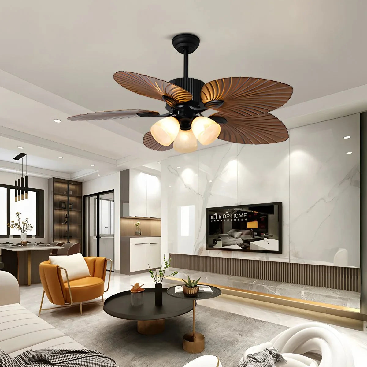 Deckenventilator mit Beleuchtung und tropischen Palmblattflügeln