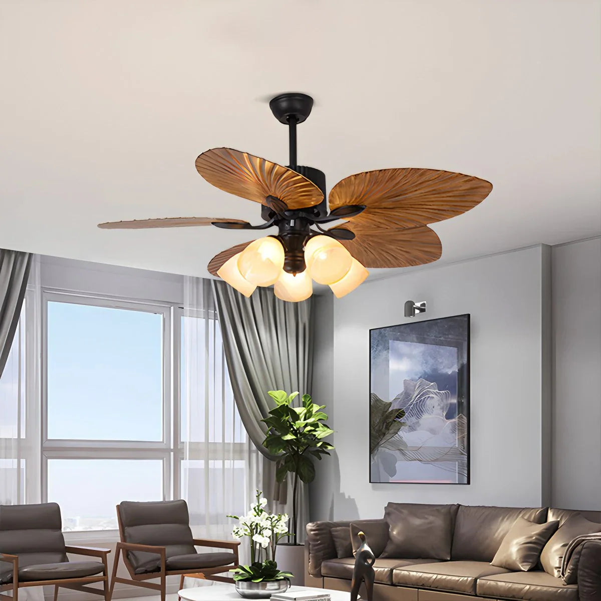 Deckenventilator mit Beleuchtung und tropischen Palmblattflügeln