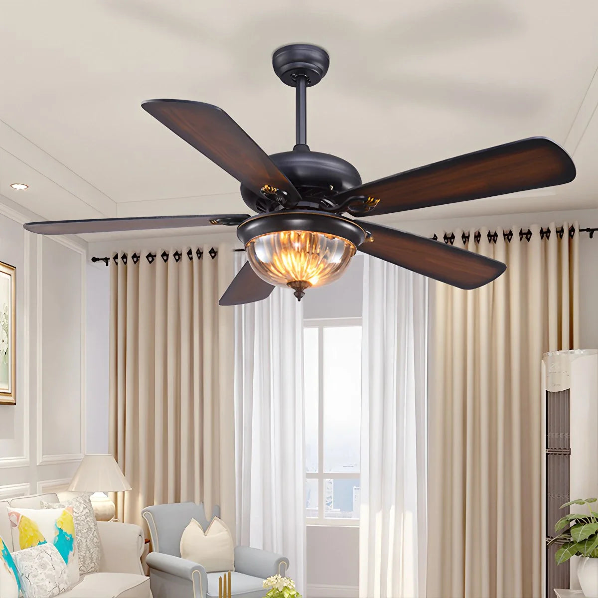 Vintage Holzdeckenventilatorlampe für Wohnzimmer